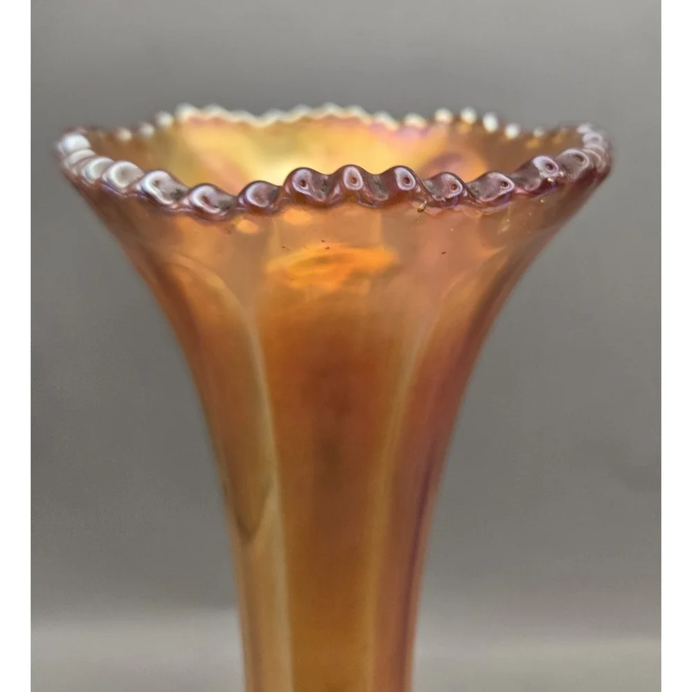 Vintage Swung Marigold Orange Iridescent Carnival Glass Vase B#33